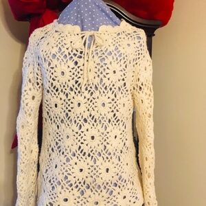Just in Express Ivory Hand-knit Vintage Crochet Floral Sweater